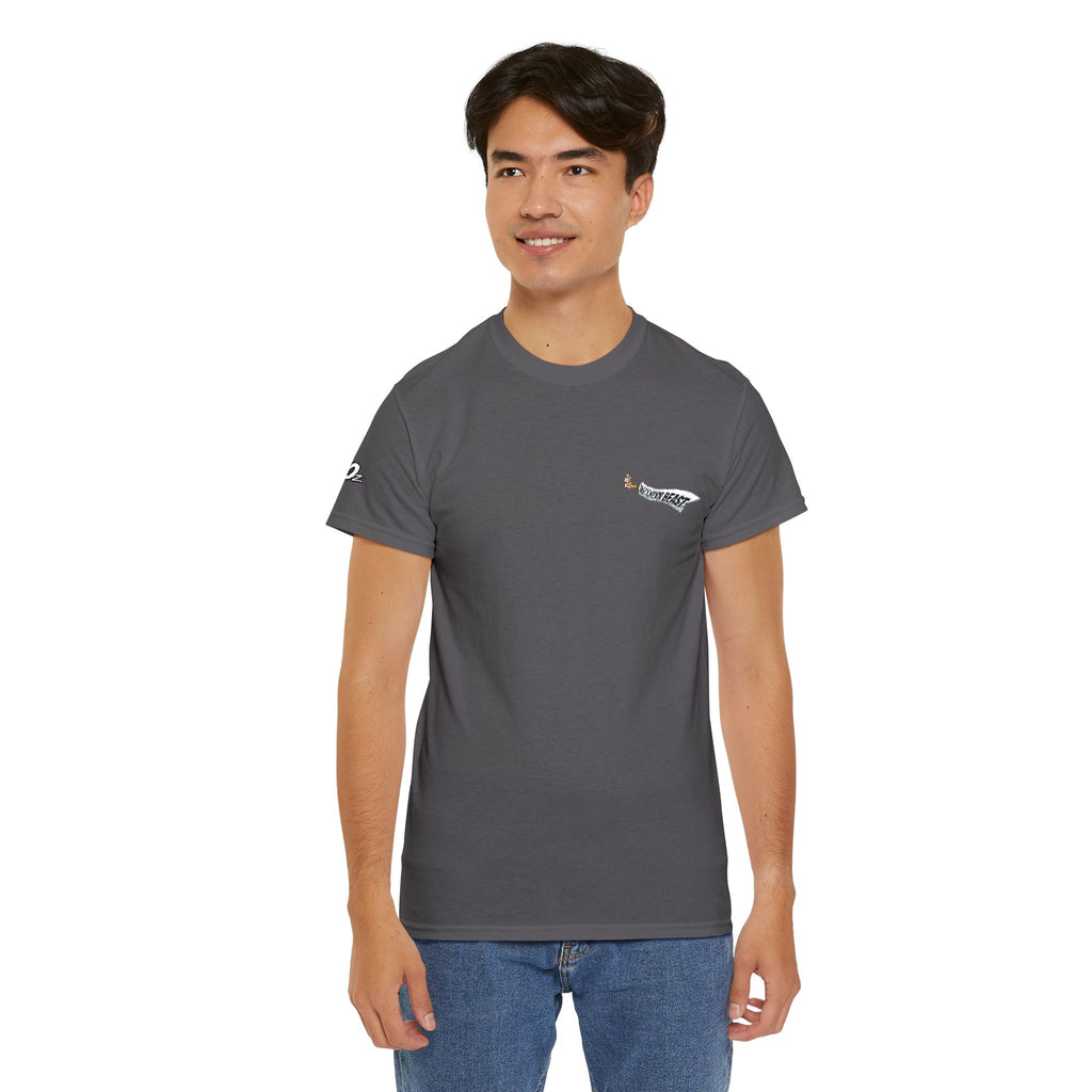 Minimalist Tiny Script Tee — Small Chest Text & Sleeve Logo Cotton T-Shirt