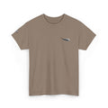 Minimalist Tiny Script Tee — Small Chest Text & Sleeve Logo Cotton T-Shirt