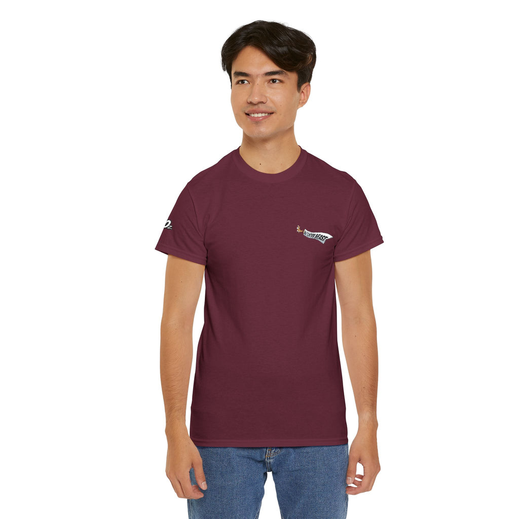 Minimalist Tiny Script Tee — Small Chest Text & Sleeve Logo Cotton T-Shirt