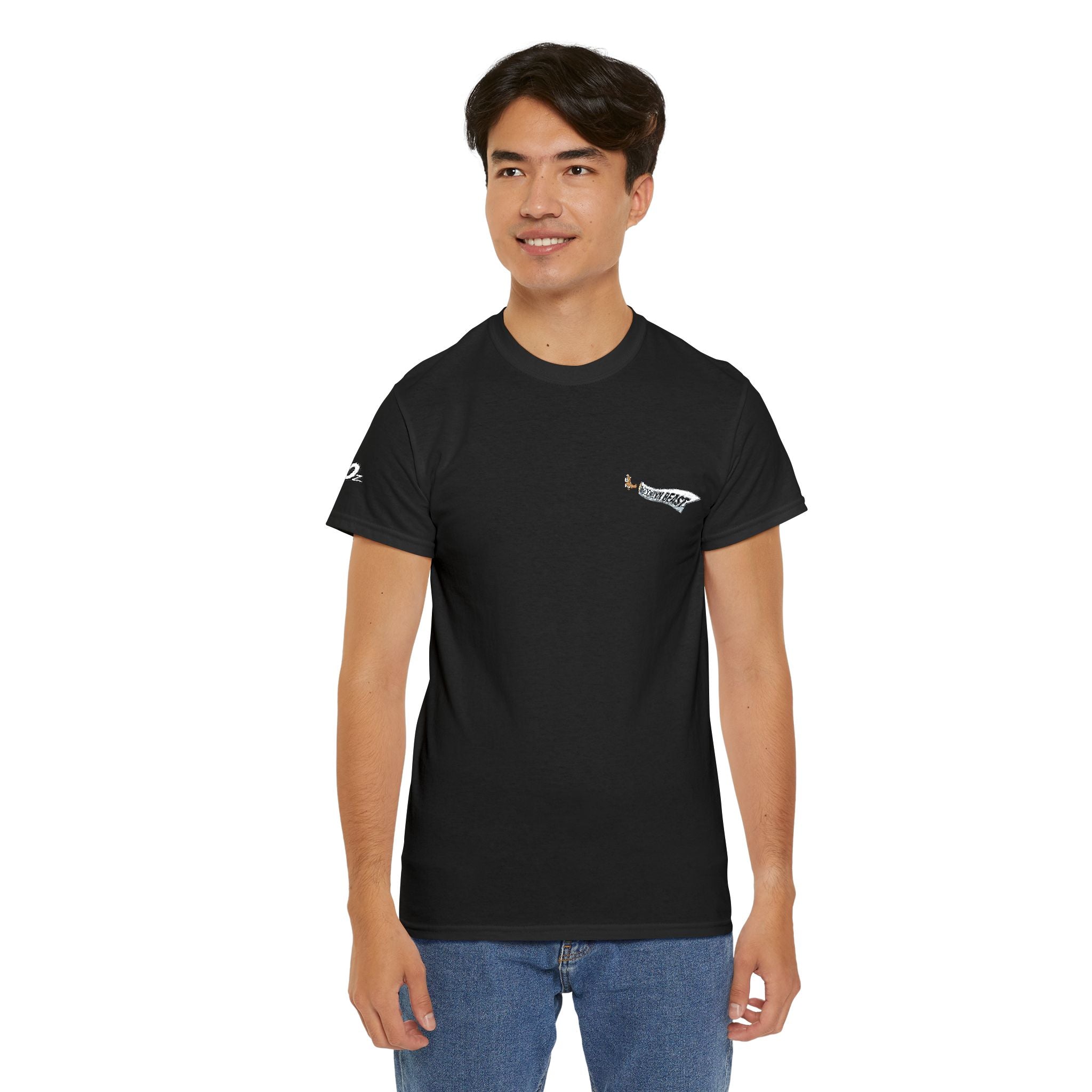 Minimalist Tiny Script Tee — Small Chest Text & Sleeve Logo Cotton T-Shirt