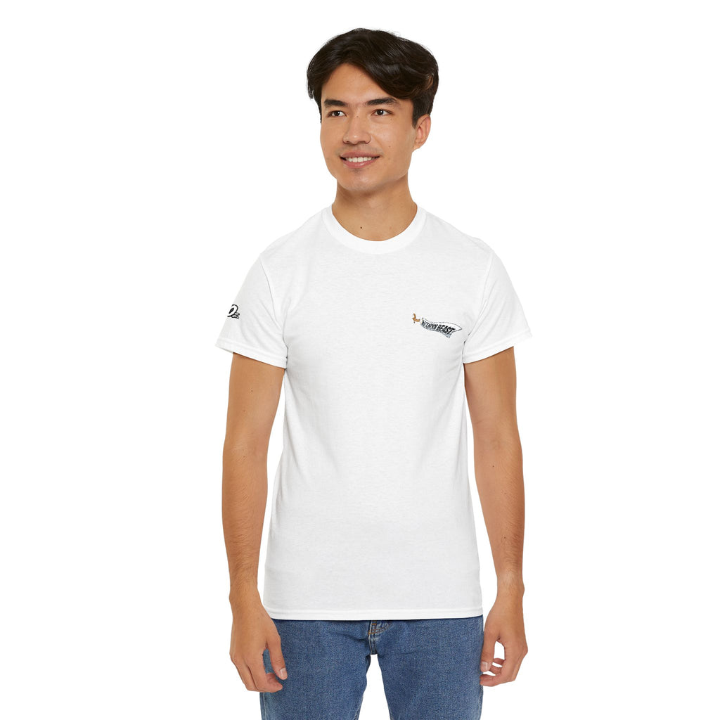 Minimalist Tiny Script Tee — Small Chest Text & Sleeve Logo Cotton T-Shirt