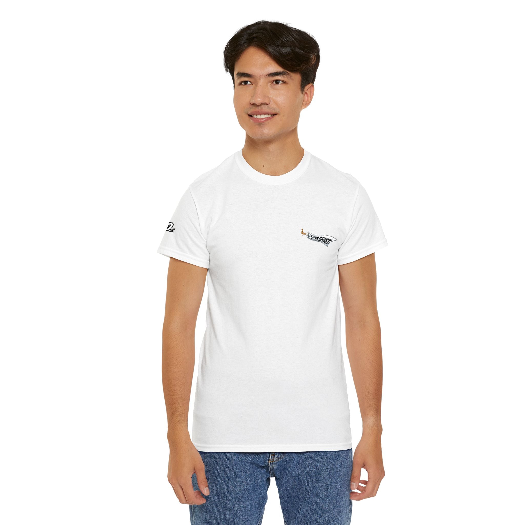 Minimalist Tiny Script Tee — Small Chest Text & Sleeve Logo Cotton T-Shirt