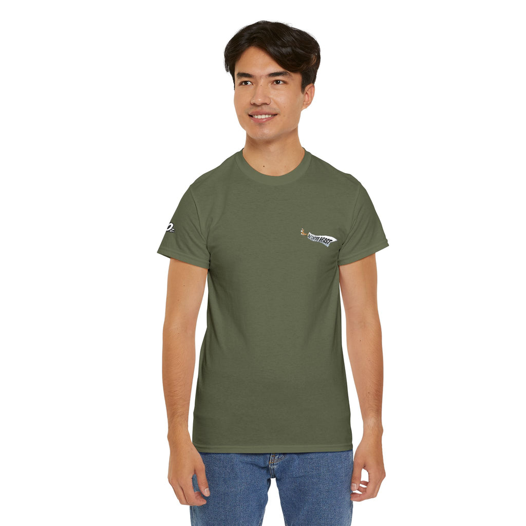 Minimalist Tiny Script Tee — Small Chest Text & Sleeve Logo Cotton T-Shirt
