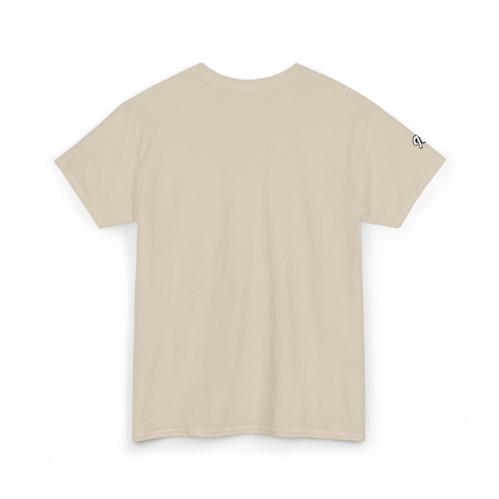Minimalist Tiny Script Tee — Small Chest Text & Sleeve Logo Cotton T-Shirt