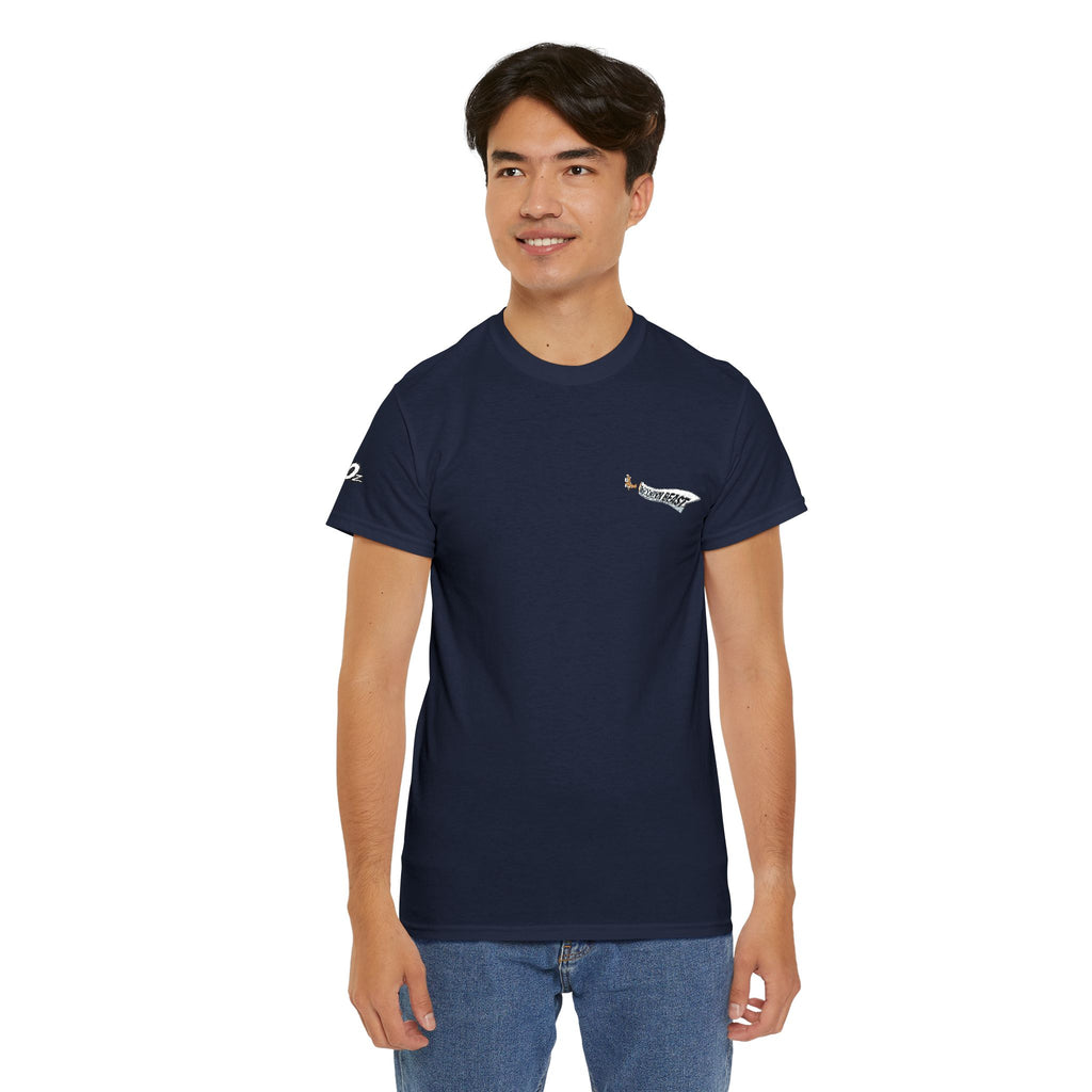 Minimalist Tiny Script Tee — Small Chest Text & Sleeve Logo Cotton T-Shirt