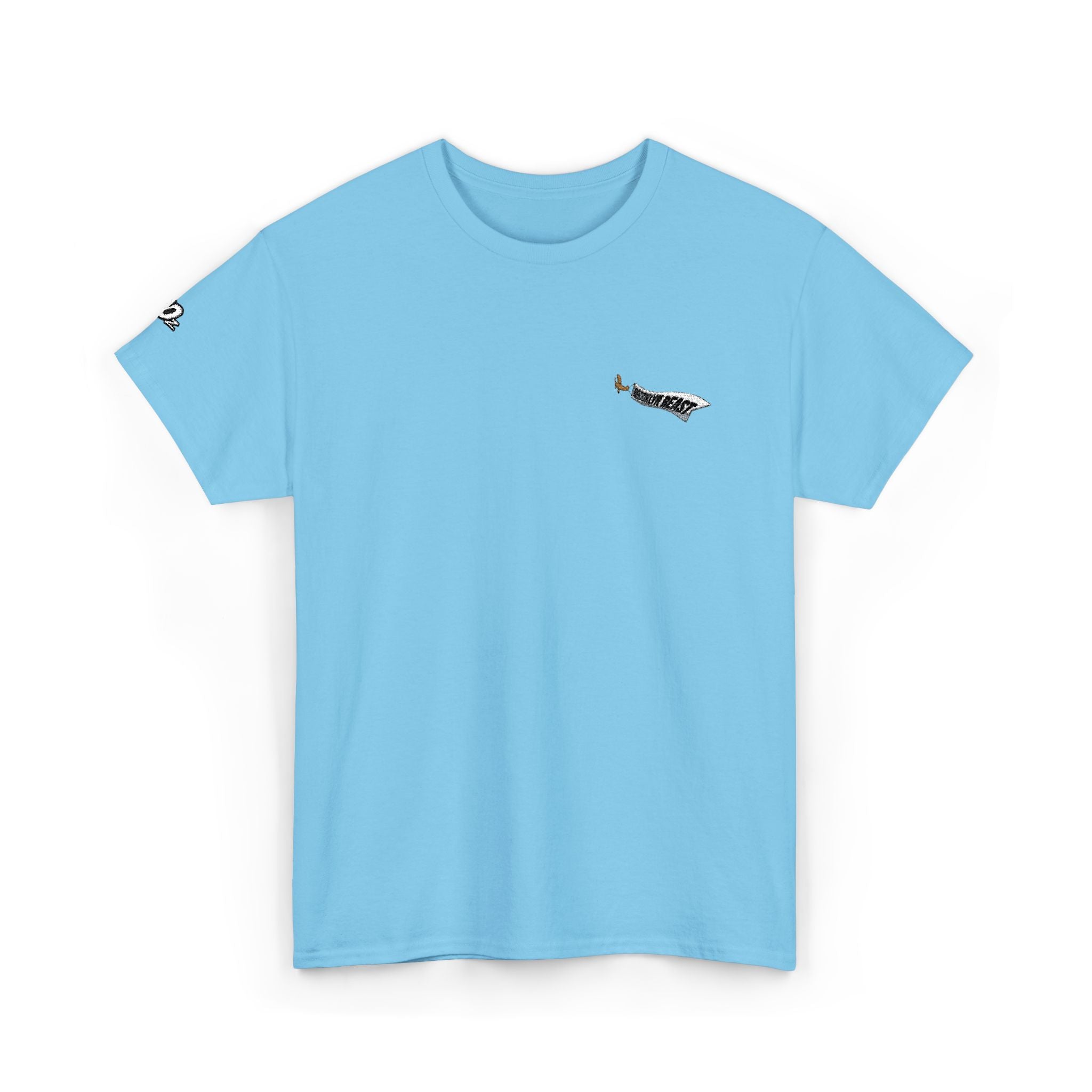 Minimalist Tiny Script Tee — Small Chest Text & Sleeve Logo Cotton T-Shirt