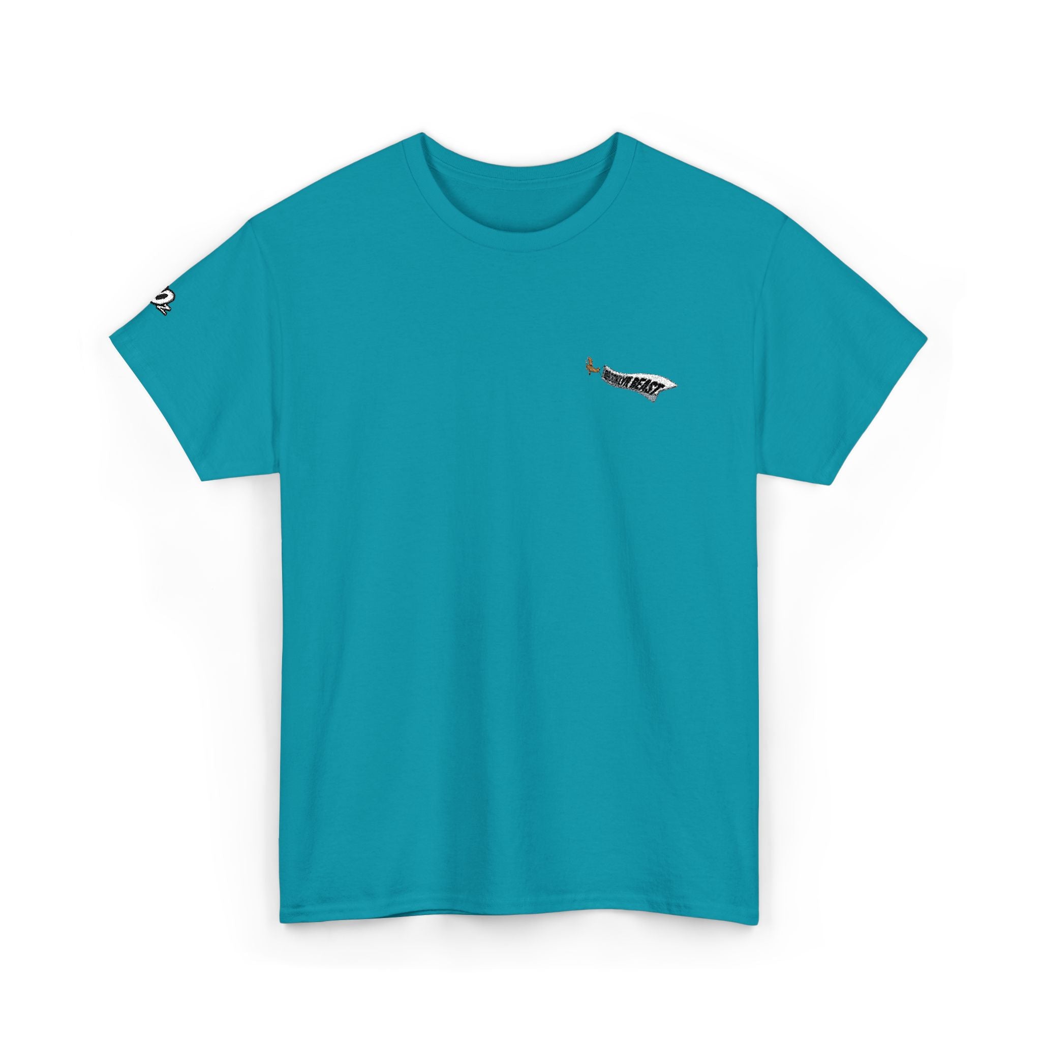 Minimalist Tiny Script Tee — Small Chest Text & Sleeve Logo Cotton T-Shirt