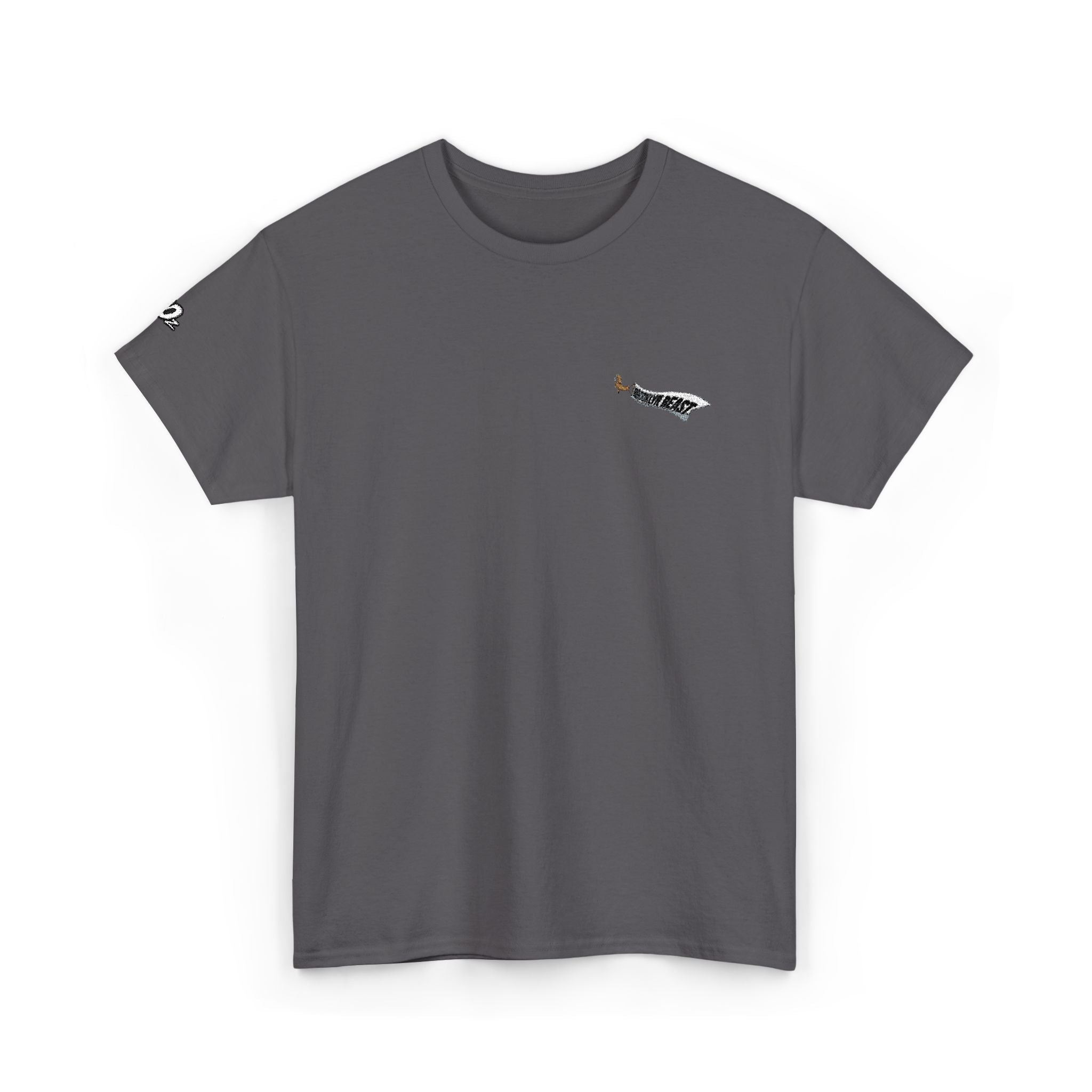 Minimalist Tiny Script Tee — Small Chest Text & Sleeve Logo Cotton T-Shirt