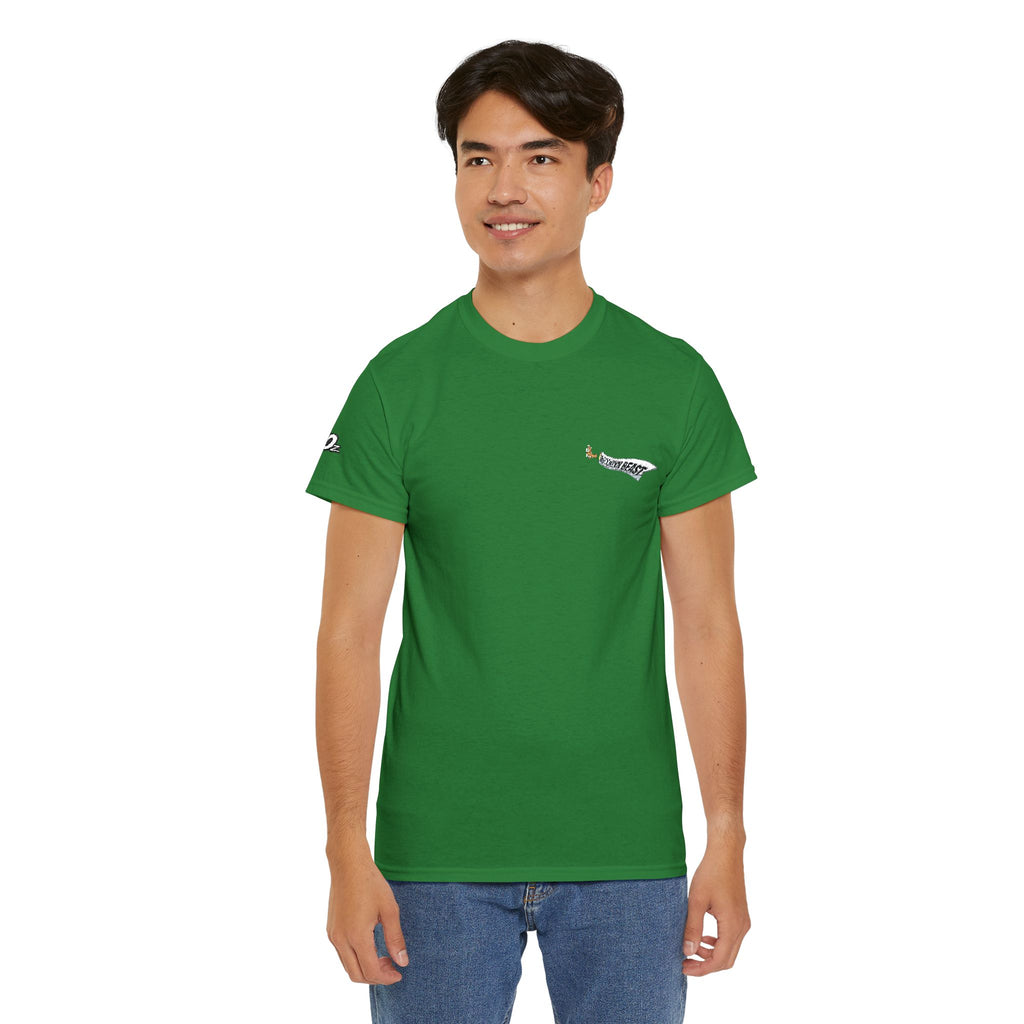 Minimalist Tiny Script Tee — Small Chest Text & Sleeve Logo Cotton T-Shirt