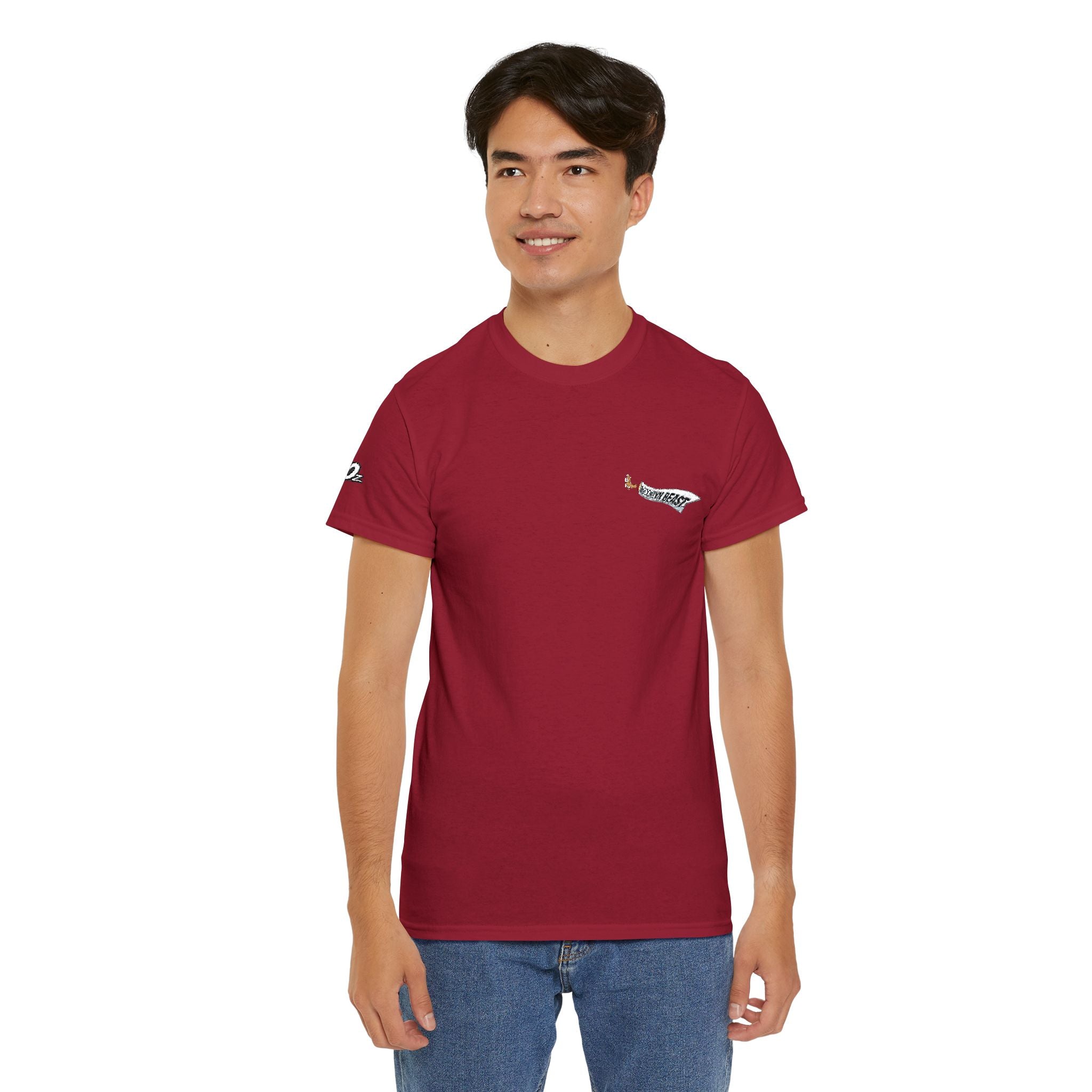 Minimalist Tiny Script Tee — Small Chest Text & Sleeve Logo Cotton T-Shirt