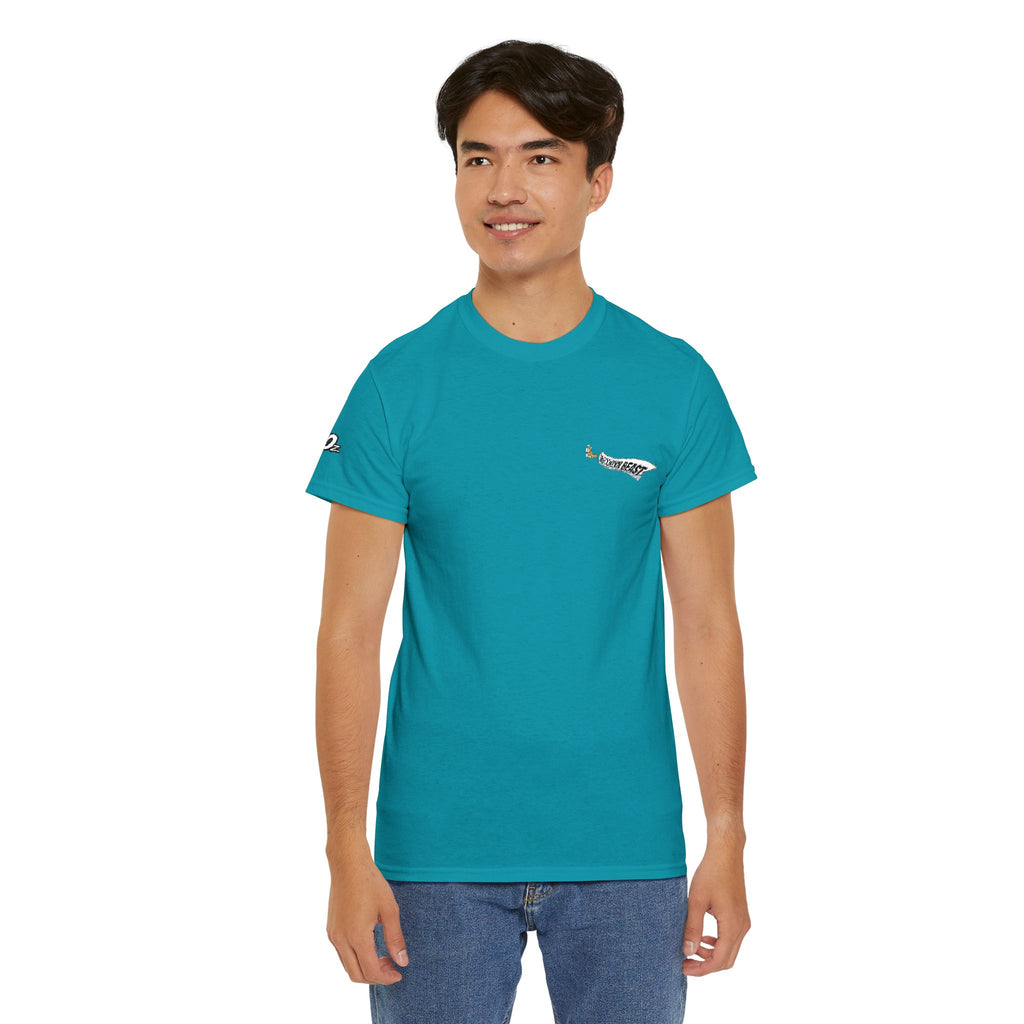 Minimalist Tiny Script Tee — Small Chest Text & Sleeve Logo Cotton T-Shirt