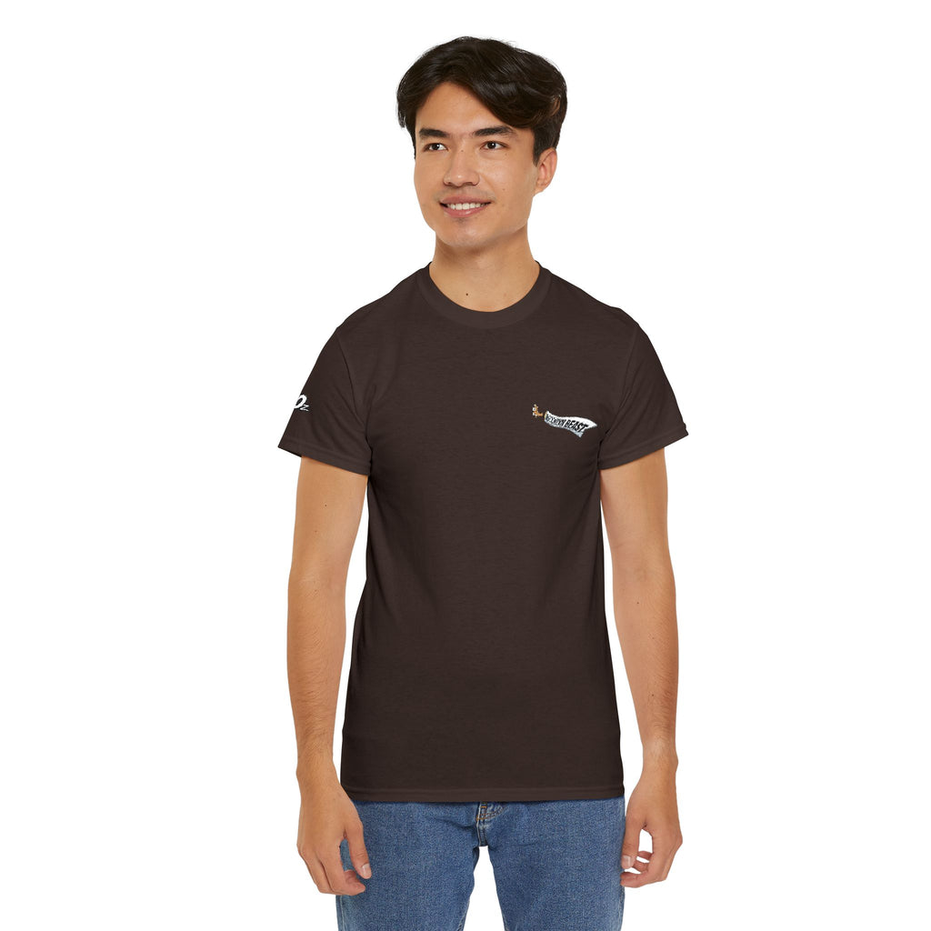 Minimalist Tiny Script Tee — Small Chest Text & Sleeve Logo Cotton T-Shirt
