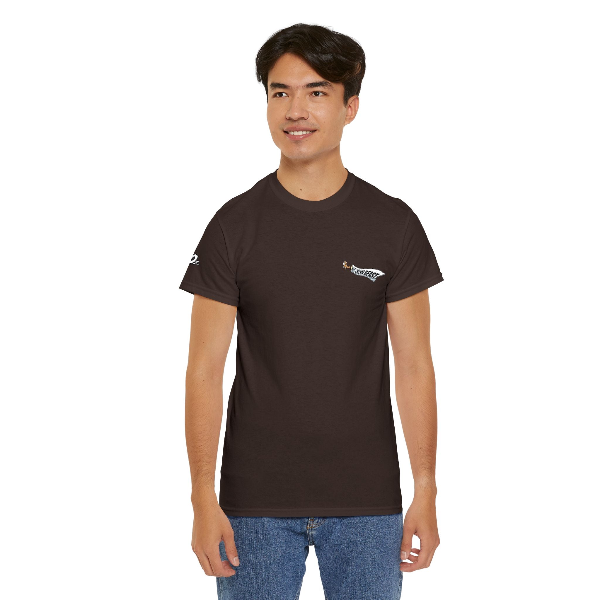 Minimalist Tiny Script Tee — Small Chest Text & Sleeve Logo Cotton T-Shirt