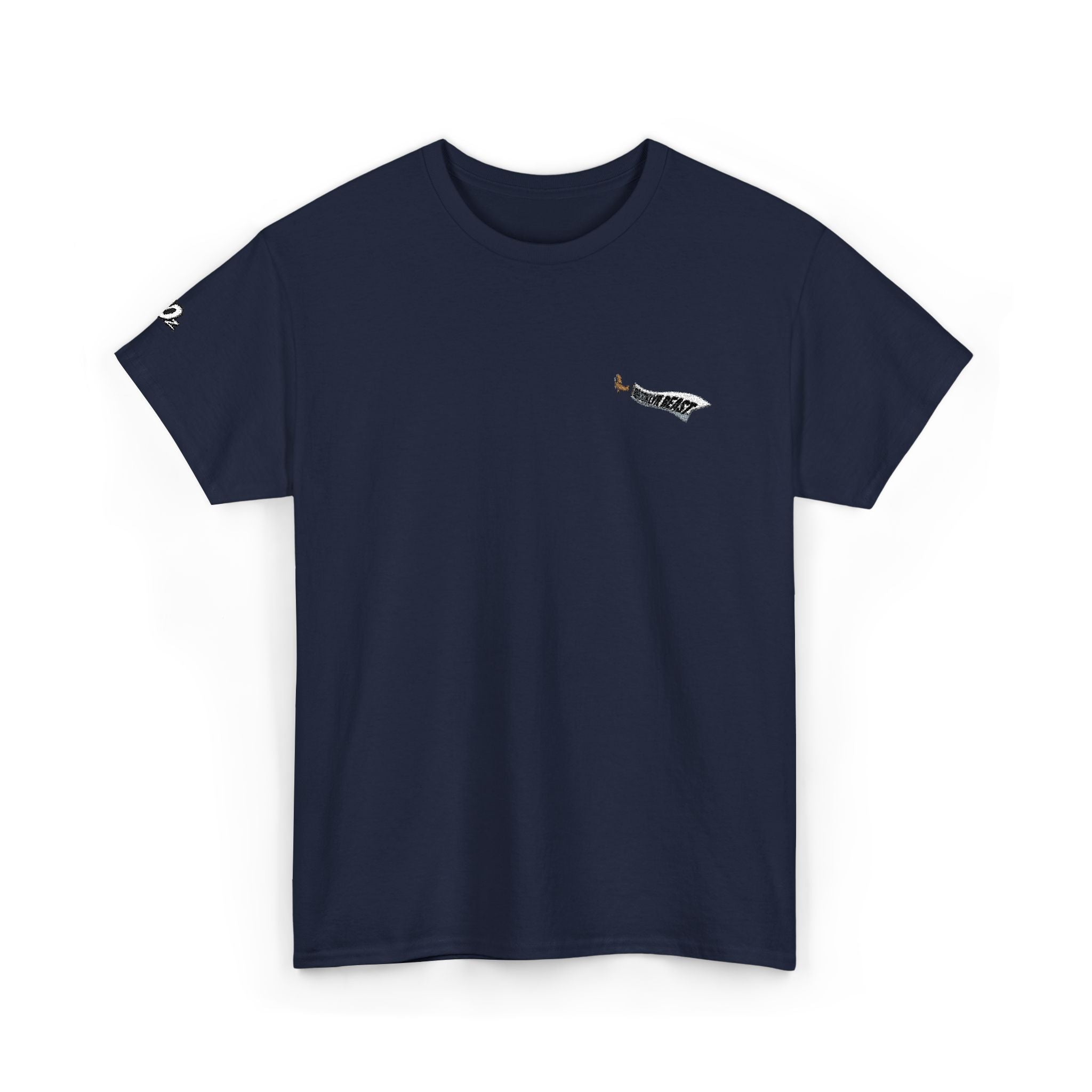 Minimalist Tiny Script Tee — Small Chest Text & Sleeve Logo Cotton T-Shirt