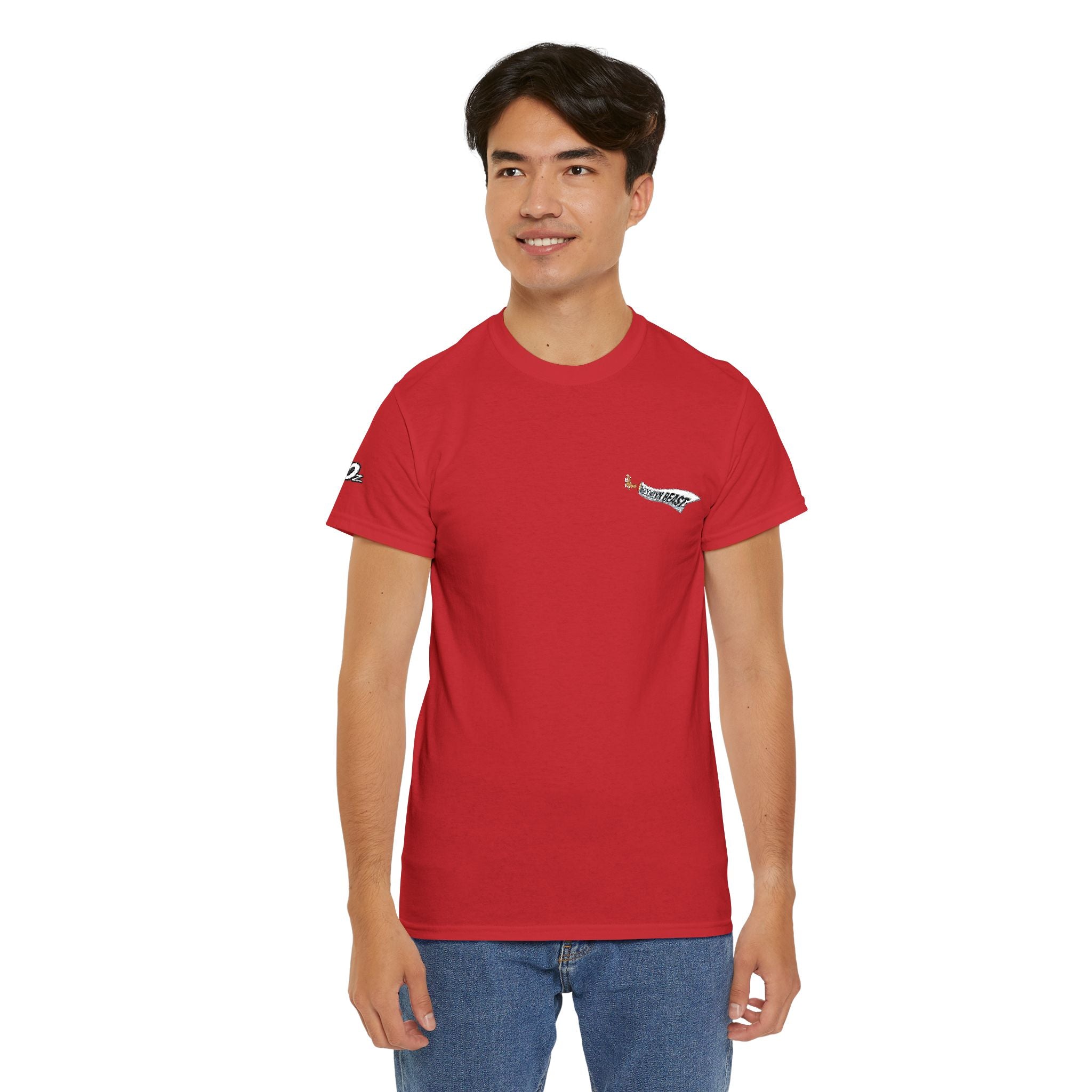 Minimalist Tiny Script Tee — Small Chest Text & Sleeve Logo Cotton T-Shirt