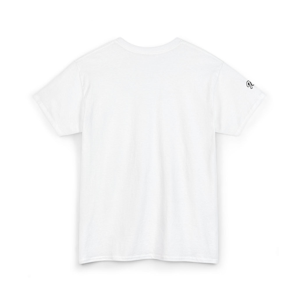 Minimalist Tiny Script Tee — Small Chest Text & Sleeve Logo Cotton T-Shirt