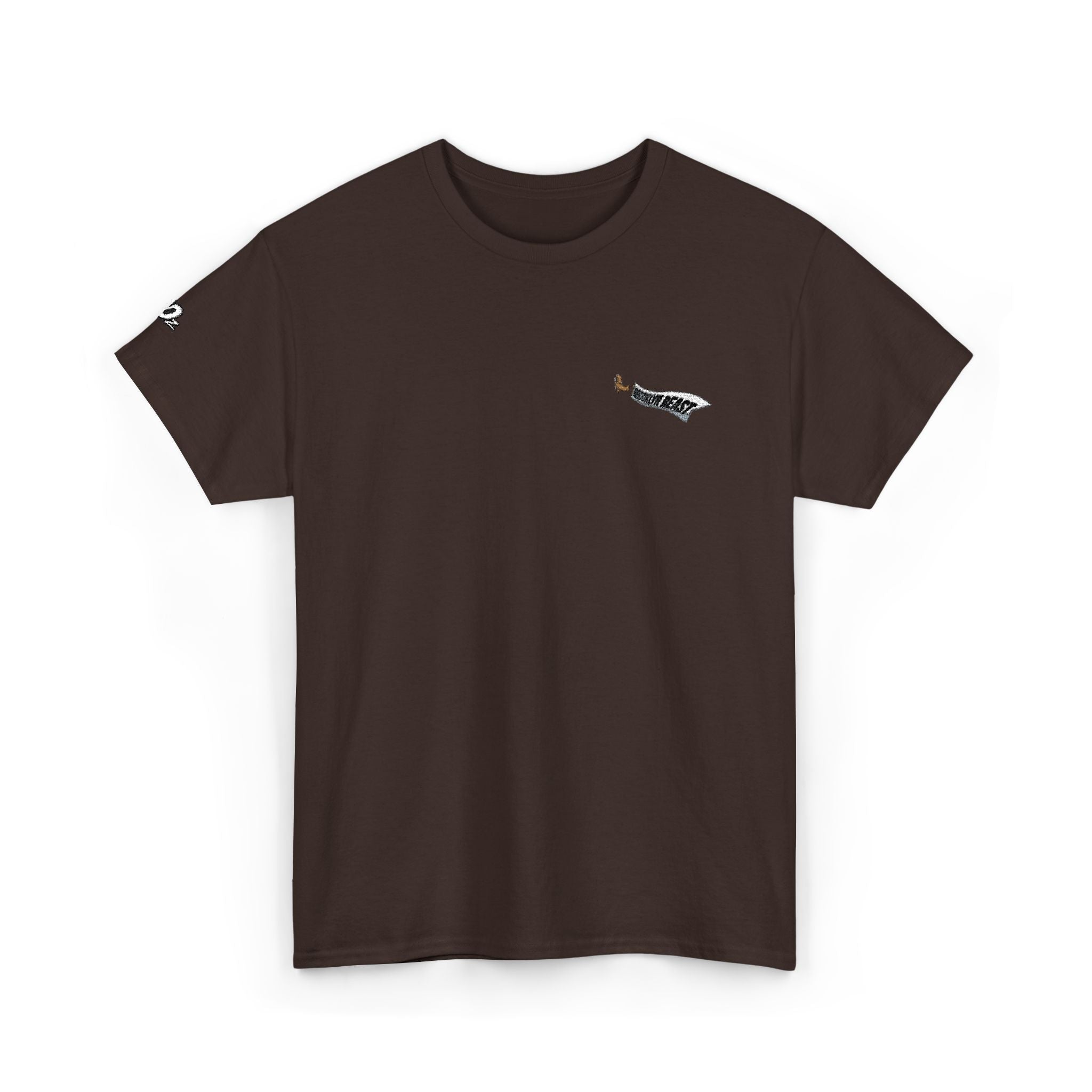 Minimalist Tiny Script Tee — Small Chest Text & Sleeve Logo Cotton T-Shirt