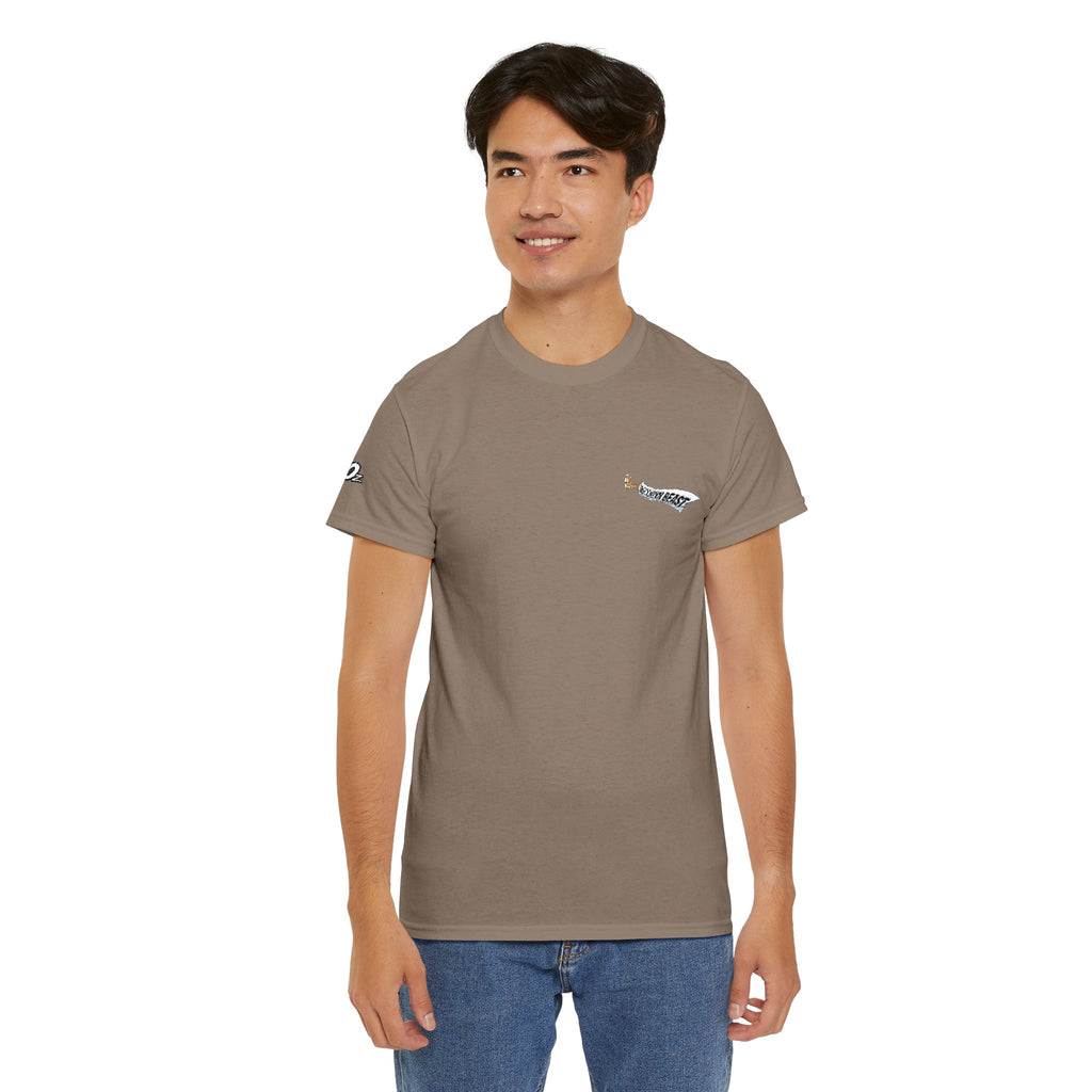 Minimalist Tiny Script Tee — Small Chest Text & Sleeve Logo Cotton T-Shirt
