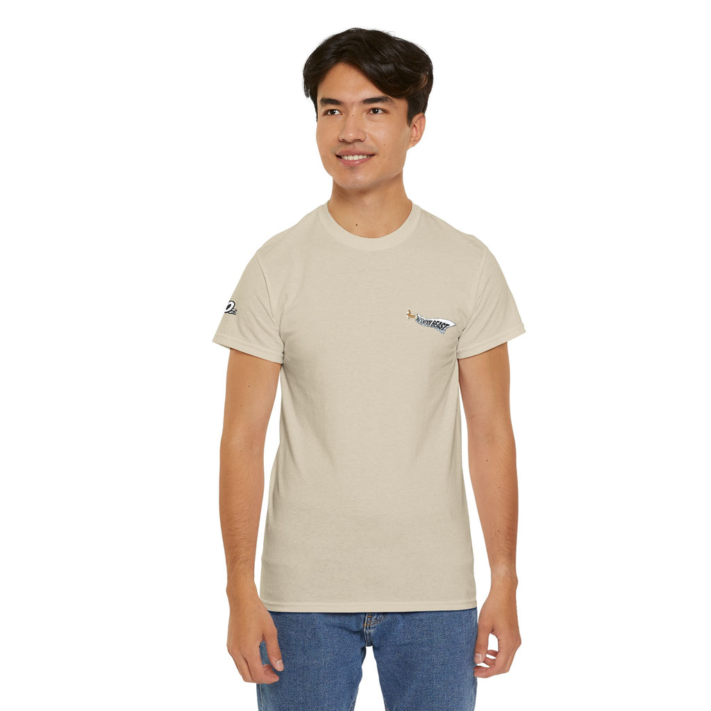 Minimalist Tiny Script Tee — Small Chest Text & Sleeve Logo Cotton T-Shirt