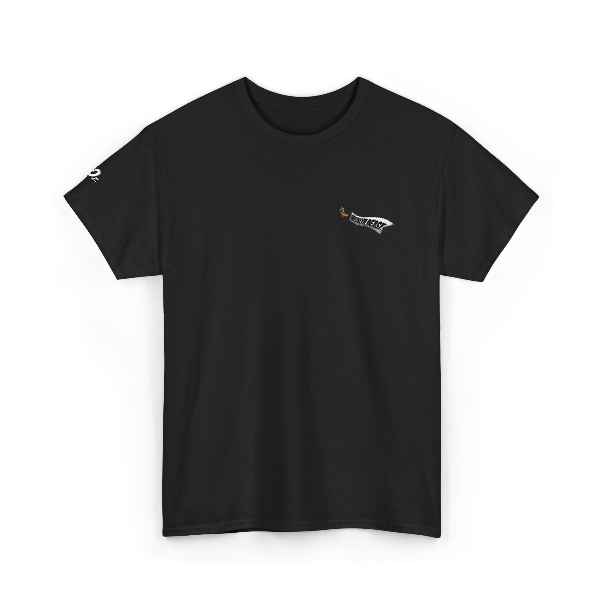 Minimalist Tiny Script Tee — Small Chest Text & Sleeve Logo Cotton T-Shirt