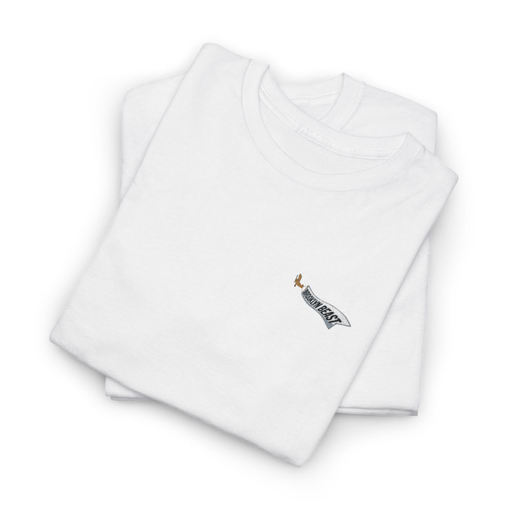 Minimalist Tiny Script Tee — Small Chest Text & Sleeve Logo Cotton T-Shirt