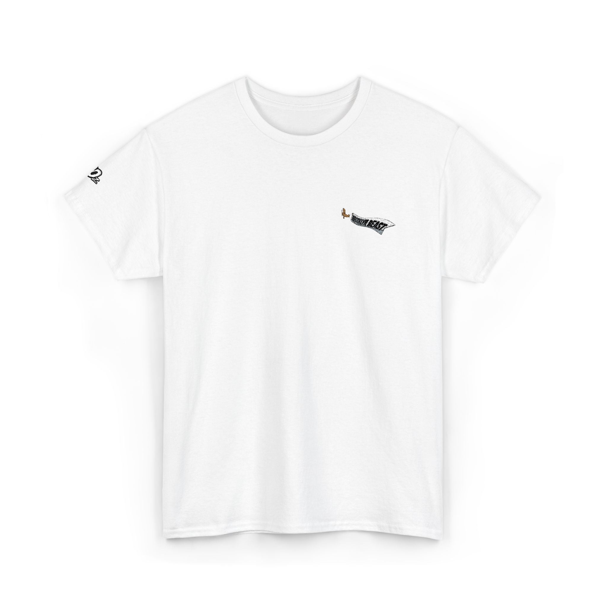 Minimalist Tiny Script Tee — Small Chest Text & Sleeve Logo Cotton T-Shirt