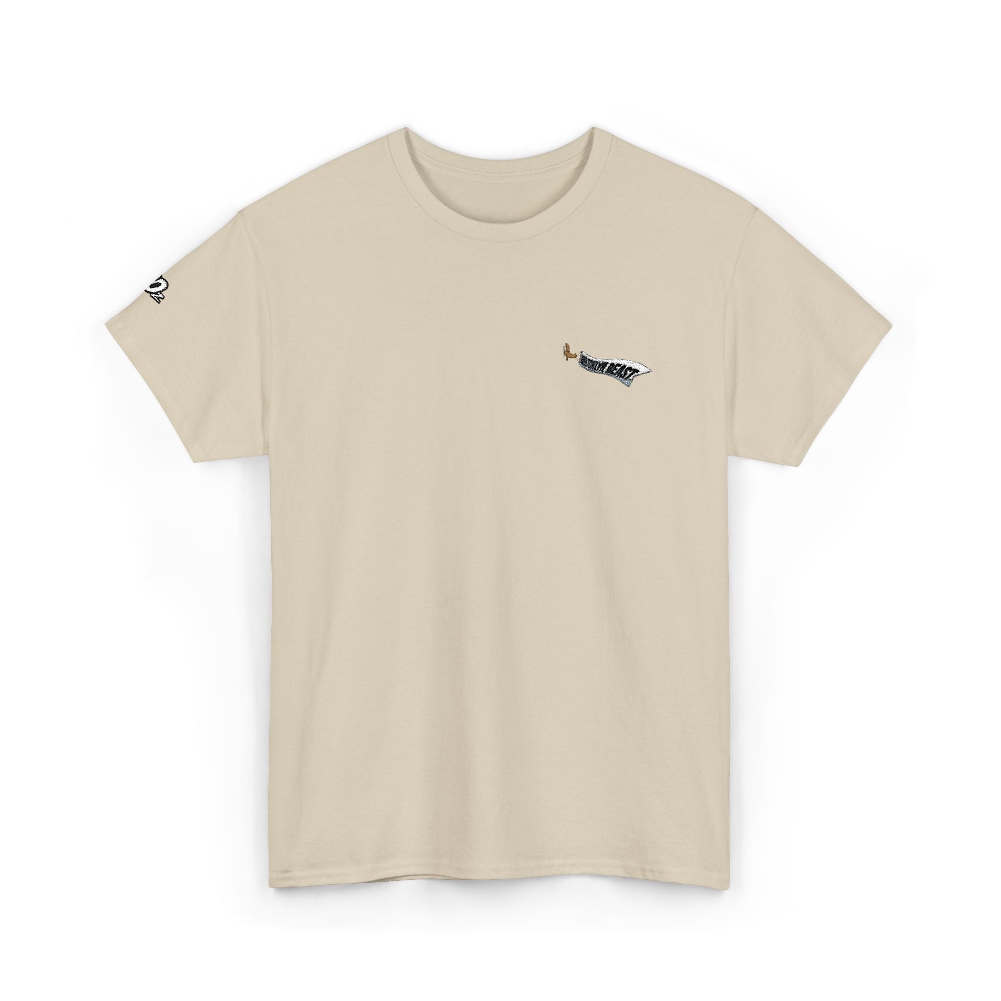 Minimalist Tiny Script Tee — Small Chest Text & Sleeve Logo Cotton T-Shirt