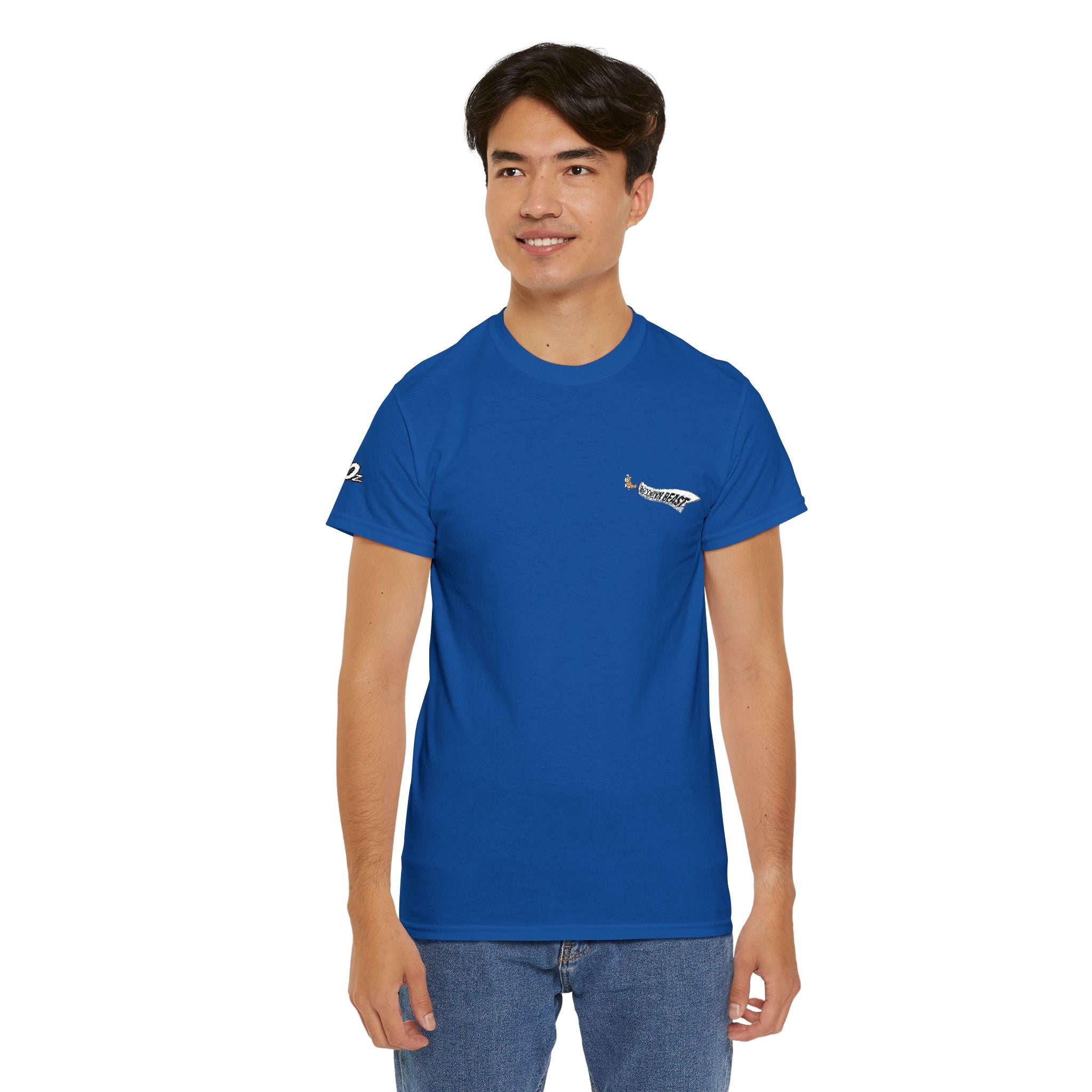 Minimalist Tiny Script Tee — Small Chest Text & Sleeve Logo Cotton T-Shirt