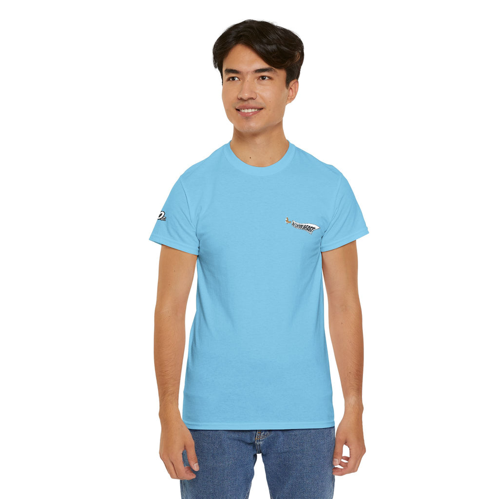 Minimalist Tiny Script Tee — Small Chest Text & Sleeve Logo Cotton T-Shirt